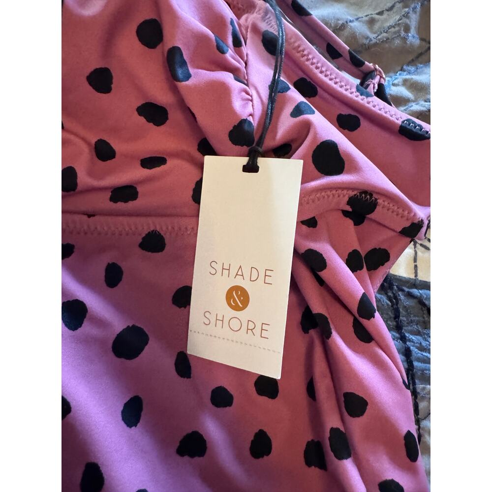 NWT Shade & Shore One Piece Swimsuit Medium 8-10 Pink Black Polka Dot Cutout - Picture 7 of 7